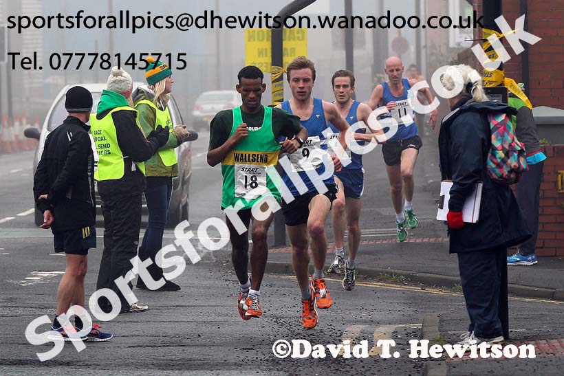 Yared Hagos (Wallsend) leads eventual winner Nick Swinburn (Morpeth) during the Wallsend Harriers Terry O'Gara 5k Memorial Road Race. Photo: David T. Hewitson/Sports for All Pics